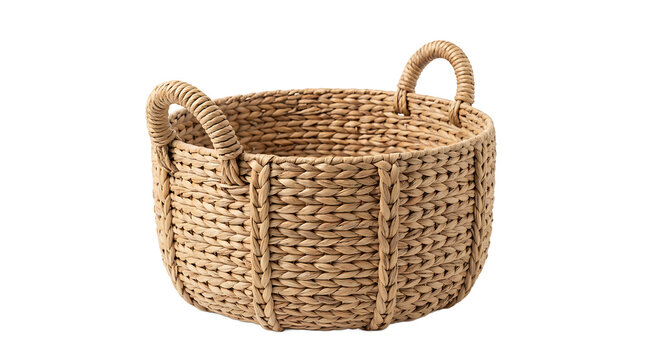 Round woven seagrass basket with reinforced side handles and vertical texture, isolated on a plain white background studio