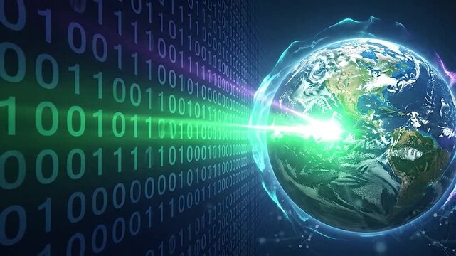 Digital Earth with binary code background illustrating global data transfer
