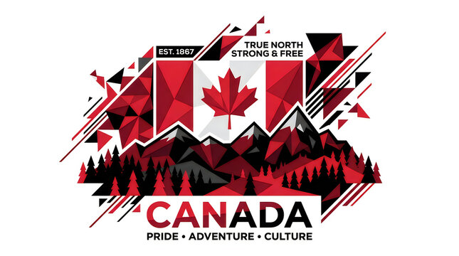 Canada flag graphic design with mountains and maple leaf