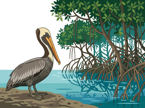 A detailed illustration of a brown pelican standing on a muddy shore.