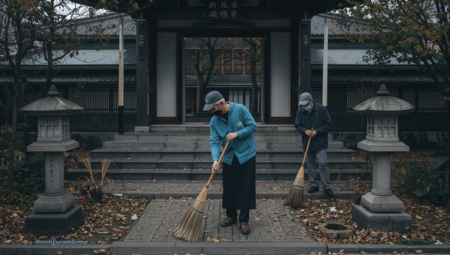 朝の寺院参道で落ち葉を掃く地域ボランティア