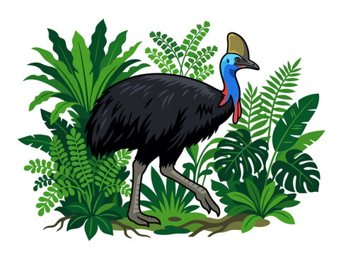 A detailed illustration of a southern cassowary standing in a tropical rainforest setting.