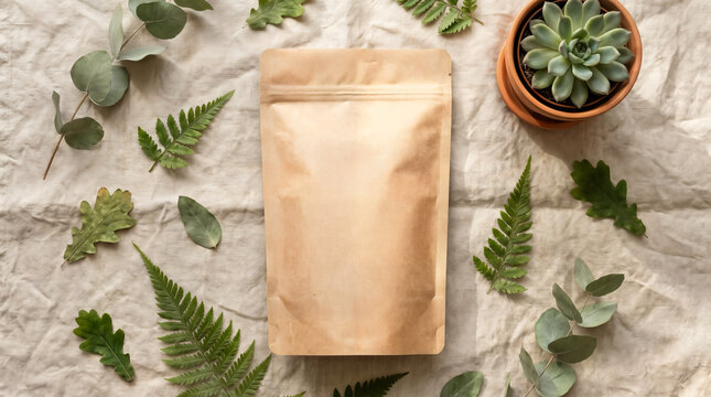 Eco-friendly kraft paper pouch mockup on textured fabric background with natural green leaves and succulent plant decor for organic product branding