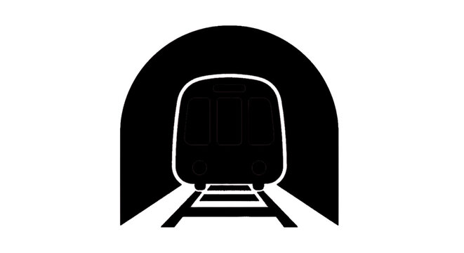 Minimal black silhouette icon, simple flat vector, bold black shape, no gradients, no shading subway train icon inside a tunnel on a, flat icon style