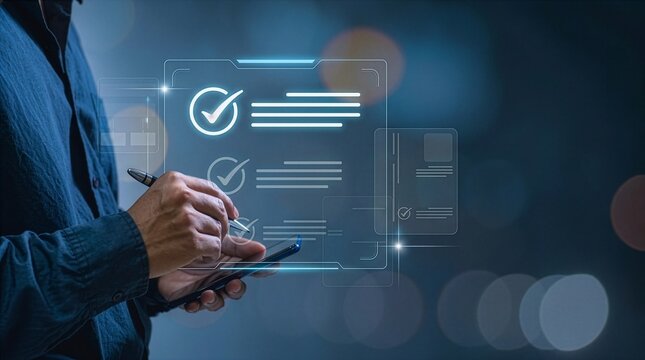 businessman manages files well using his laptop to choose the approve box for task management using a checklist and clipboard, a document management