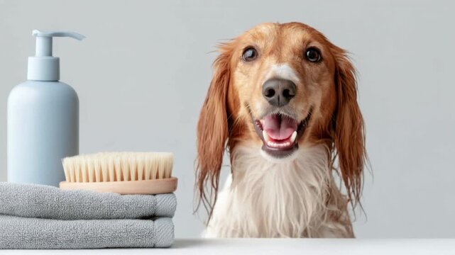 Close-up of wet dog with brown hair looking at camera beside towels brush and soap dispenser for pet grooming and bathing care routine at home