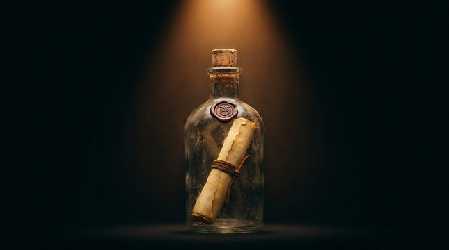 Antique message in a glass bottle with wax seal under dramatic lighting