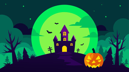 Halloween haunted house with jack o lantern under full moon © Devili