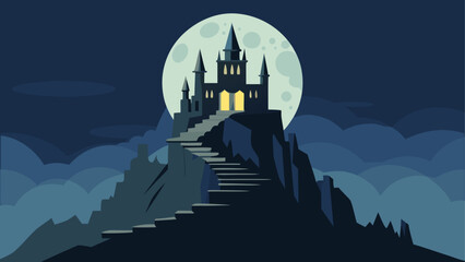 Scary castle on a hill at night with full moon © Devili