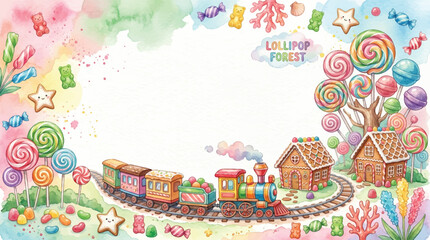 Obraz premium A whimsical watercolor illustration of a candy-themed landscape featuring a toy train, gingerbread houses, and a lollipop forest.