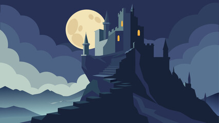 Pixel art castle on a hill at night with full moon © Devili
