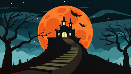 Halloween castle with orange moon and bats © Devili