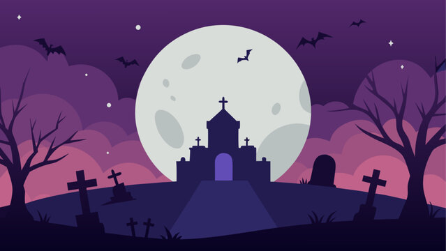 Halloween haunted house in a spooky graveyard at night