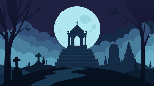 Halloween graveyard scene at night with full moon