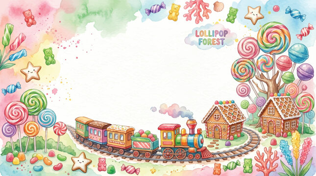 A whimsical watercolor illustration of a candy-themed landscape featuring a toy train, gingerbread houses, and a lollipop forest.
