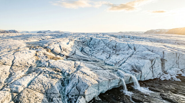 Aerial view of a melting glacier with waterfalls and ice crevasses