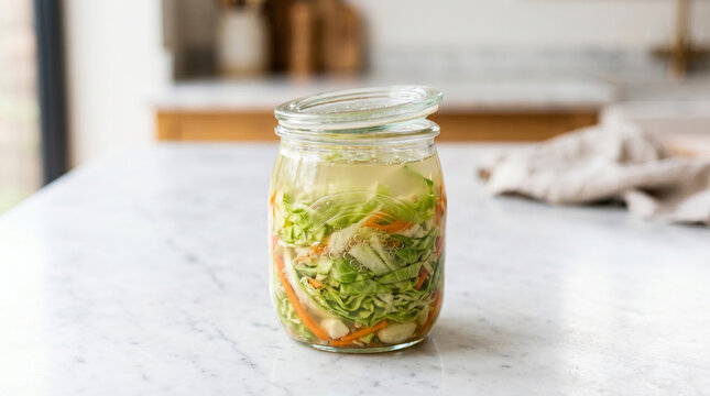 Glass jar of homemade fermenting vegetables on a bright kitchen counter