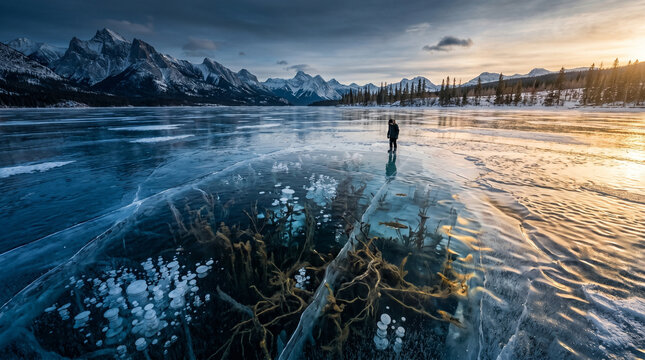 Person standing on a clear frozen lake revealing underwater plants and deep cracks