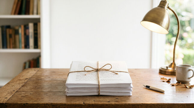 Stack of manuscript papers tied with string on a wooden desk with a lamp