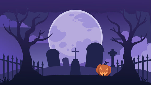 Halloween graveyard with jack o lantern and full moon