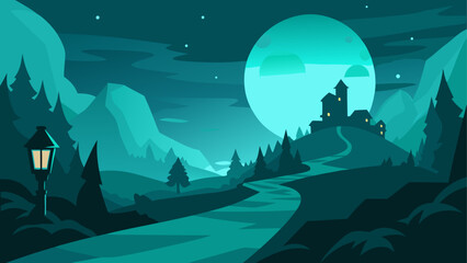 Teal fantasy landscape with castle and moon © Devili