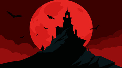 Spooky castle on a hill with full moon and bats © Devili