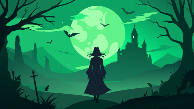 Witch standing under green moonlight with castle
