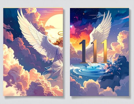 Two heavenly illustrations of an angel and numerical message amidst clouds