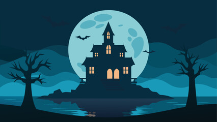 Spooky haunted house under full moon © Devili