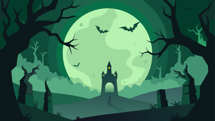 Halloween night scene with spooky castle and full moon © Devili