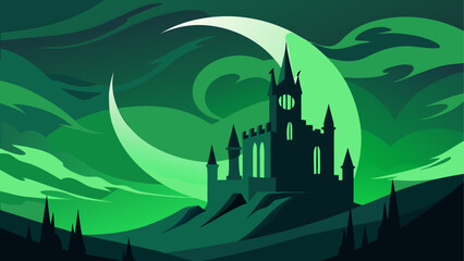 Green castle silhouette at night with glowing moon © Devili