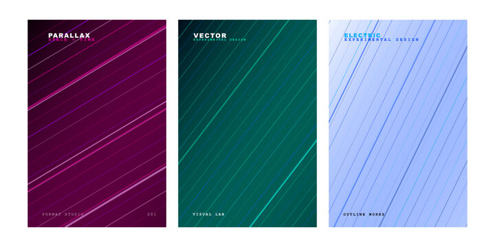 Abstract parallel line covers set, minimalist geometric vector backgrounds with diagonal stripes, modern gradient poster templates in purple green and blue