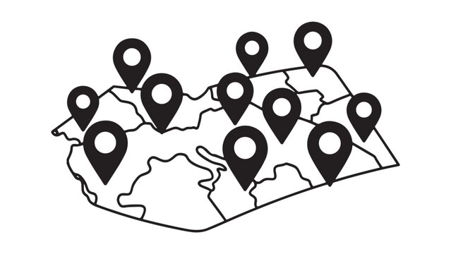 Map pins marking multiple locations on a folded world map