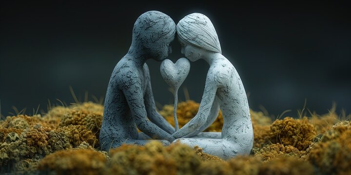 Stone Statues of Lovers Embracing, Mossy Setting