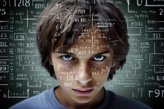 Portrait of a serious boy with mathematical formulas and numbers overlay on his face, chalkboard background with equations and symbols