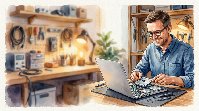 Joyful technician putting together a computer in a contemporary workshop filled with various tools and equipment