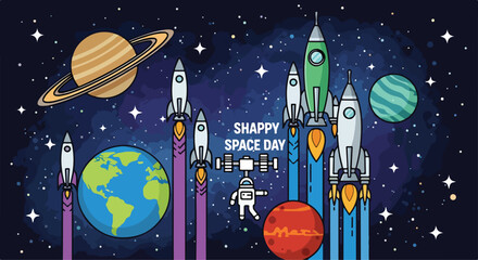 Colorful cartoon space scene with rockets and planets © Franky