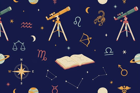 Dark blue seamless background, pattern with golden, telescopes, zodiac signs, constellations, planets, and, an open book, of astronomy charts