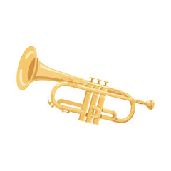 Obraz premium Shiny golden brass trumpet musical instrument isolated on white background, detailed of a classical wind instrument for orchestra
