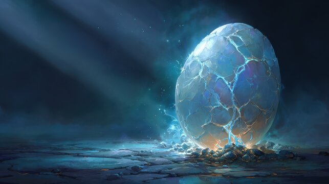 Blue-glow alien egg: neon cracks, energy beams, and starry space backdrop
