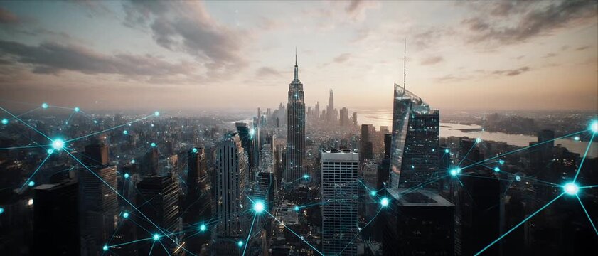 Smart City Network Connection Over New York City Skyline at Dusk