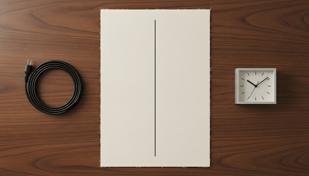Top view of minimalist walnut desk with white paper, analog clock at five, and unplugged cable for work-life balance