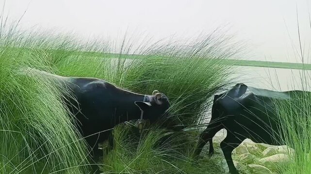 Domestic Water Buffaloes Walking Through Tall Green Grass by the Riverbank