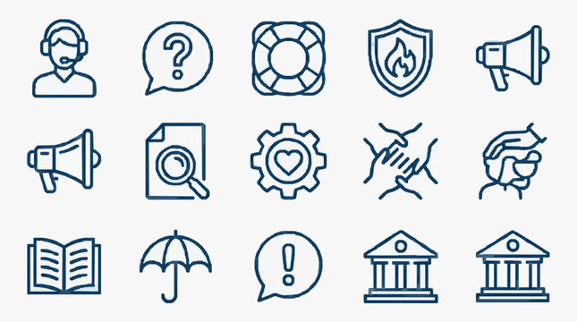 Professional Monochrome Line Icons Set Featuring Support Communication Security and Institutional Symbols for SEO Content