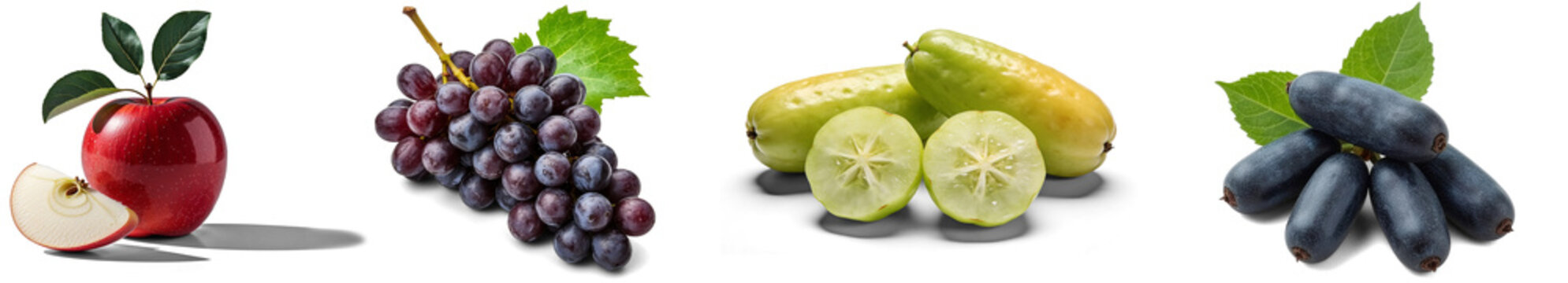 Composition of various fresh ripe fruits isolated on white background, high quality realistic Fruits PNG set and Transparent Background red apple, fresh black grapes, Bilimbi, Haskap berry.
