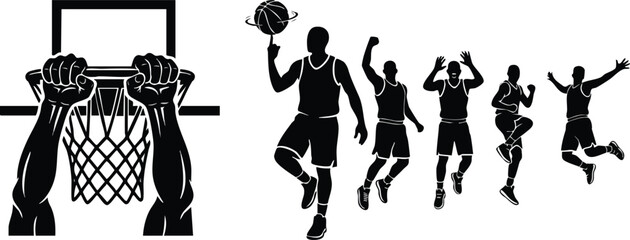 Basketball, player, silhouettes, set, featuring, black, vector, symbols, of, hands, hanging, on, rim, spinning, ball, jumping, and, celebrating, athletic, poses © Arfaton
