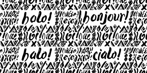 Hand lettered Greetings Pattern With International Salutations Black And White © Gita