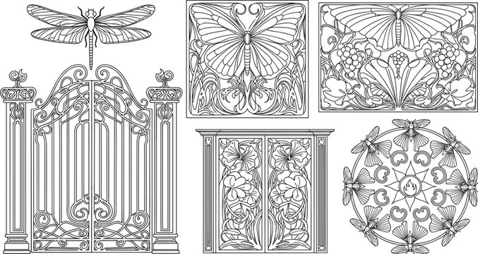 Vintage Art Nouveau Wrought Iron Gate Panel and Filigree Insect Ornament Element Set for Gothic Architectural Laser Cut Designs