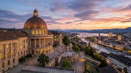 Obraz premium University Building Dome Architecture at Sunset with Cityscape and Lake