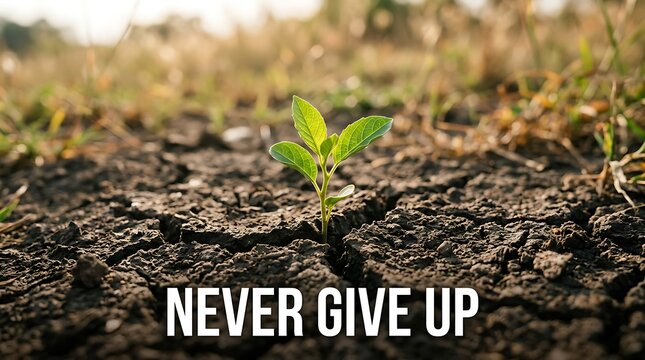 Small green plant sprouting from dry cracked soil symbolizing hope and perseverance in tough conditions